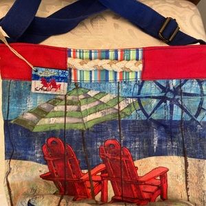 Paul Brent Beach Scene, red blue, white,green shoulder bag